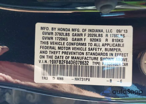 2013 Honda Civic Ex z USA, uszkodzony, nr VIN 19XFB2F84DE078632